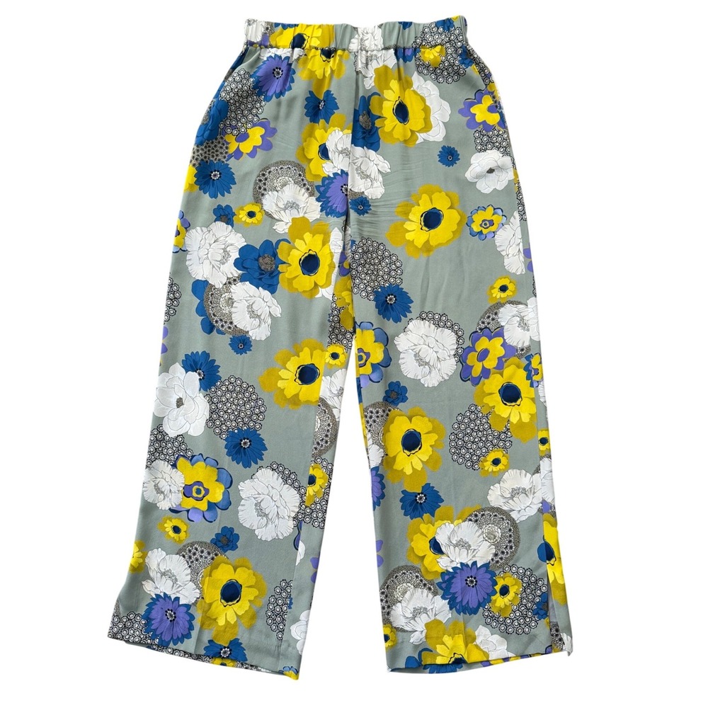 Rosso35 Italy 100% Silk Floral Wide Leg Pants Sage Green Yellow Blue Size 44 IT